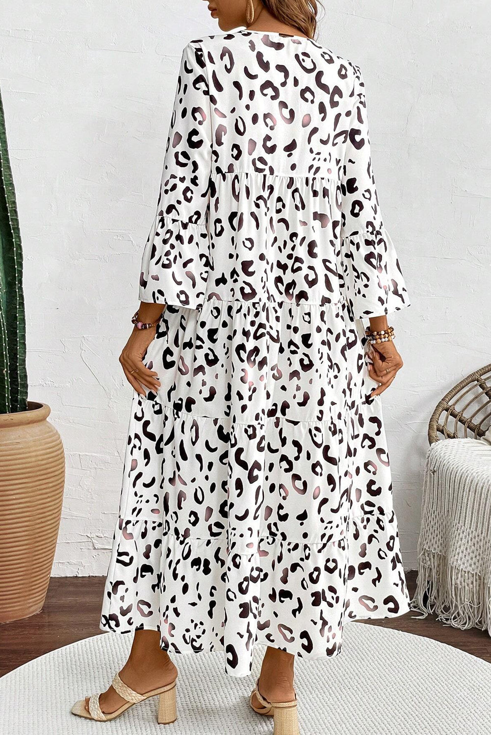 White Leopard Notch V Neck Loose Maxi Dress