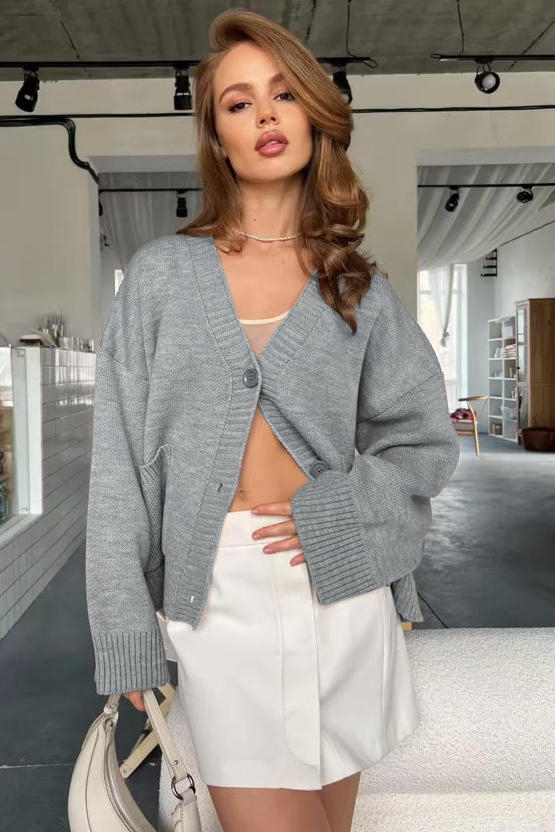 V-Neck Pocket Relaxed Knit Cardigan