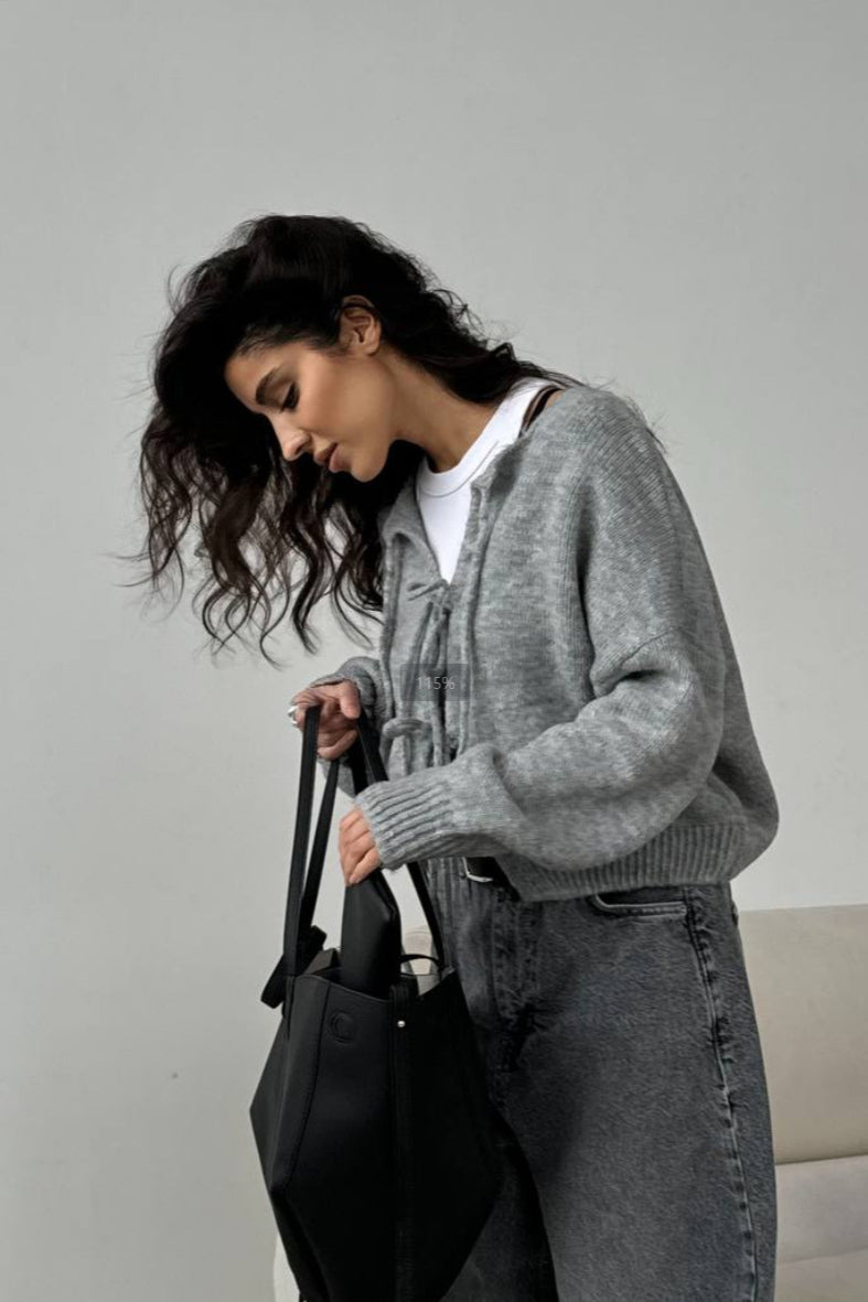 Plain Bow Tie Long Sleeve Knit Cardigan