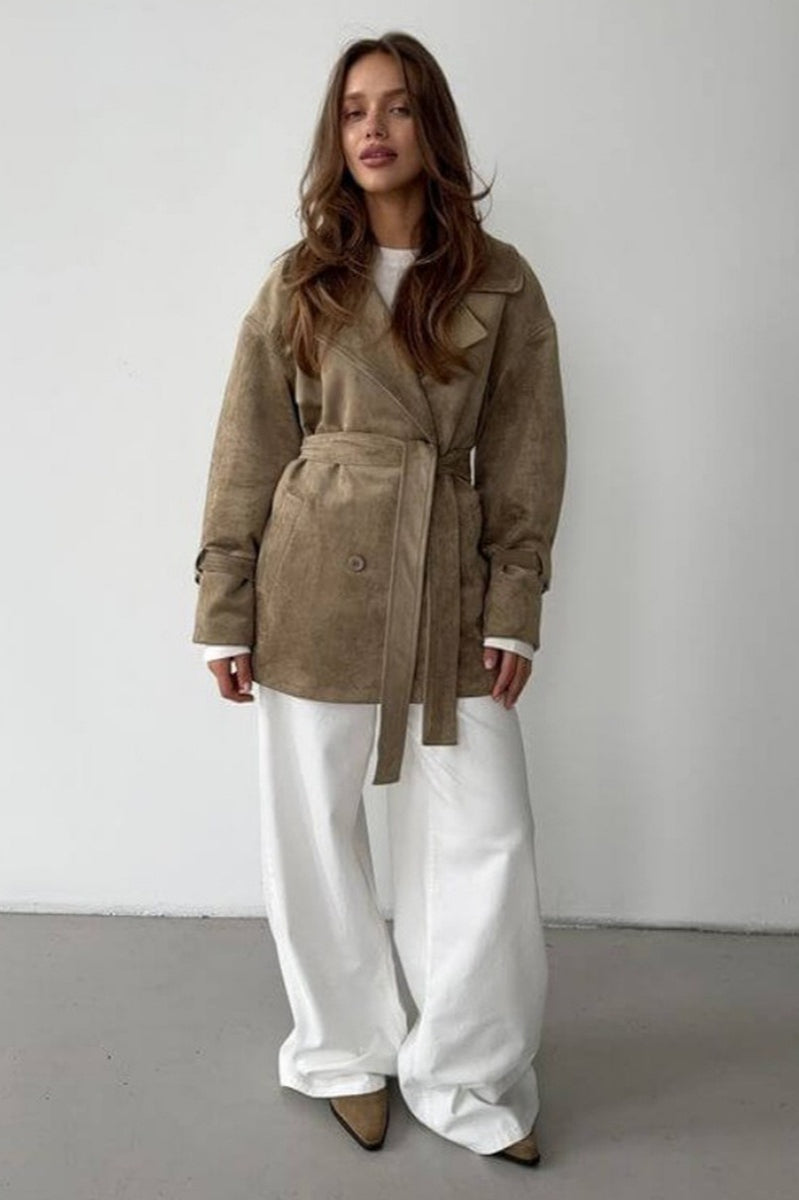 Retro Suede Lapel Tie Waist Jacket Coat