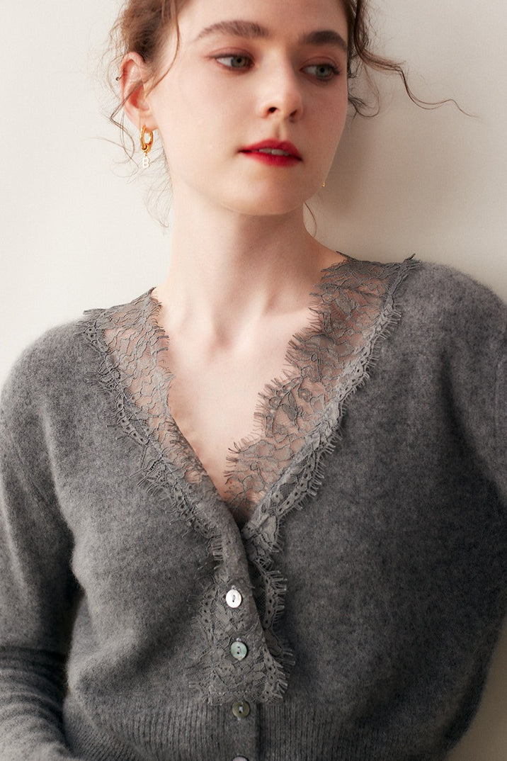 Cashmere Lace-Edge V-Neck Knit Cardigan