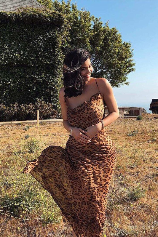 Leopard Print Open Back Fitted Maxi Dress