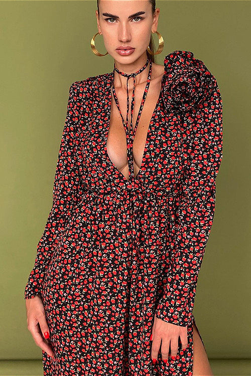 Lace Waist Deep V Side Slit Floral Dress