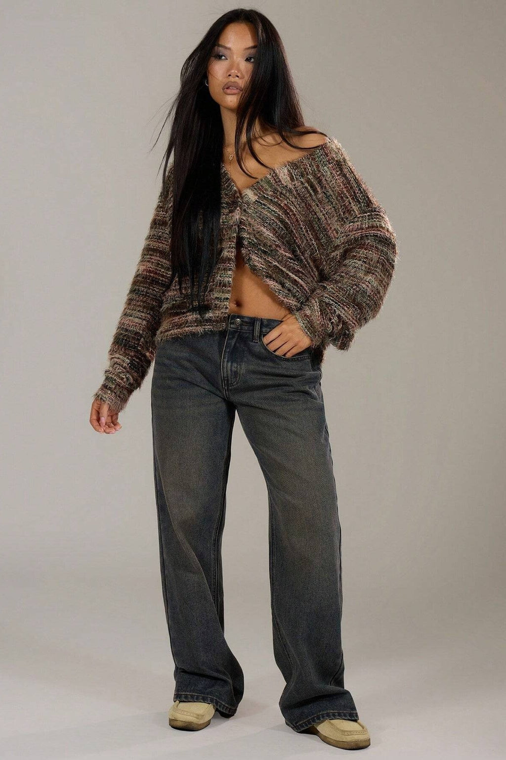 Retro Deep V-Neck Plush Long Knit Cardigan
