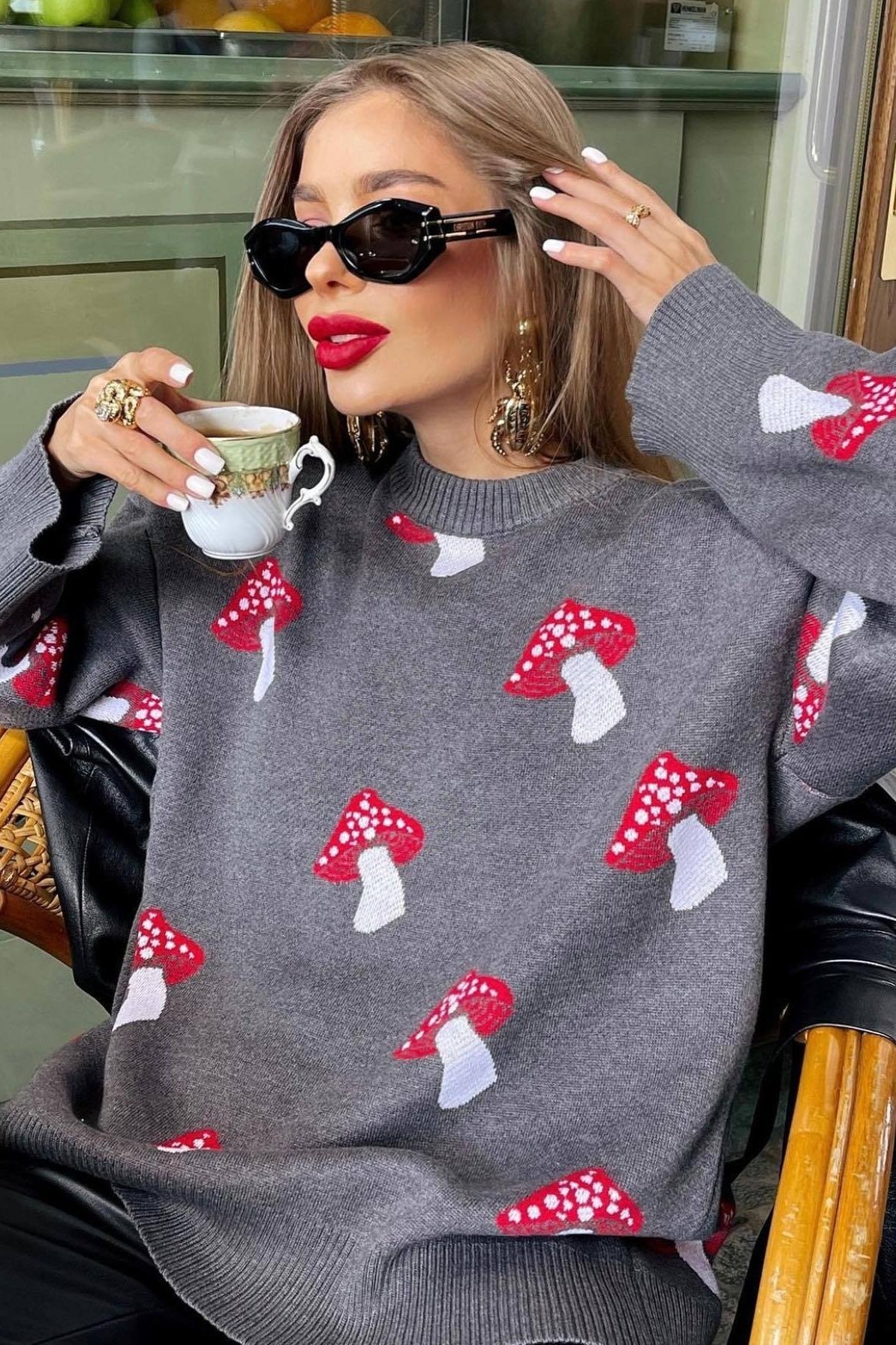 Mushroom Design Knitted Cozy Sweater
