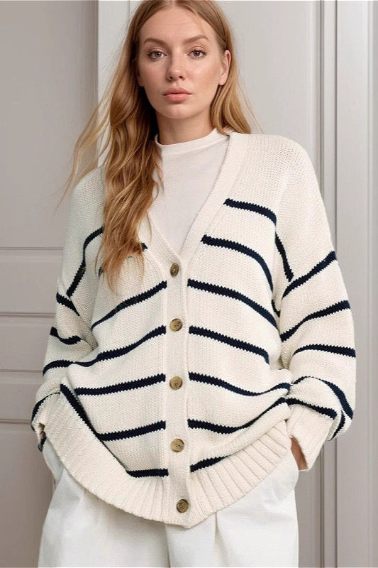 Striped Cotton V-Neck Knit Cardigan