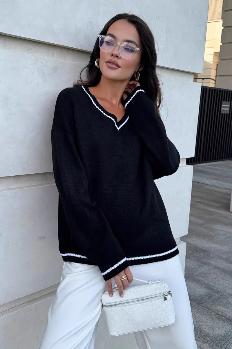 Plain Knit V Neck Sweater
