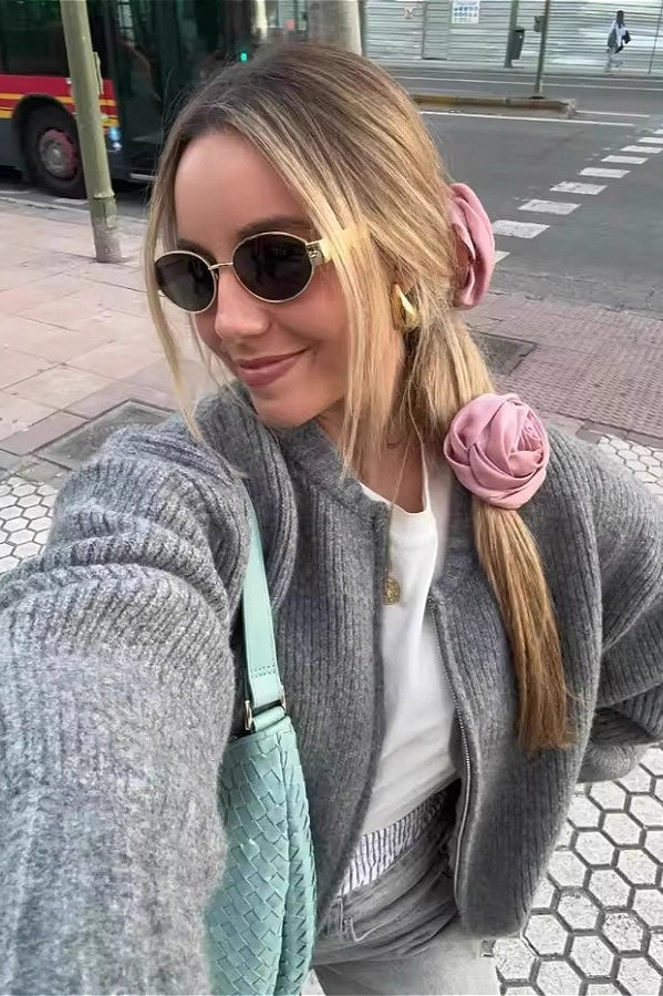 Crew-Neck Zip Plain Knit Cardigan