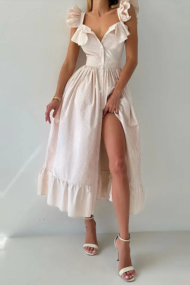 Ruffle Stripe Square Neck Floral Dress