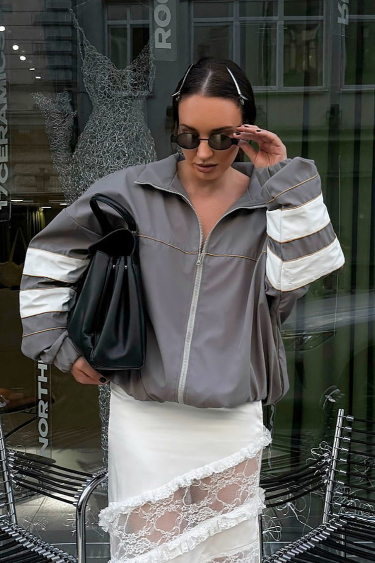 Color Block Loose Designer Mandarin Collar Coat