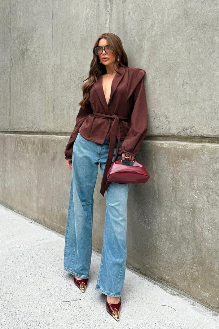 Retro Wine Red Suede Tie-Waist V-Neck Coat