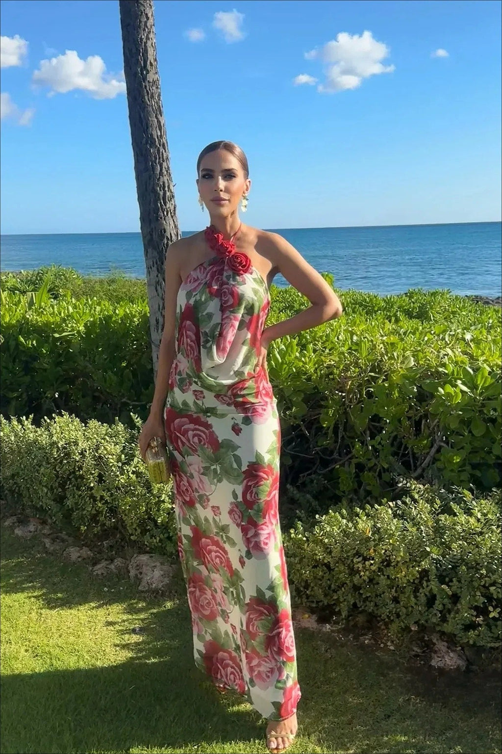 Rose Halter Shoulder Floral Dress