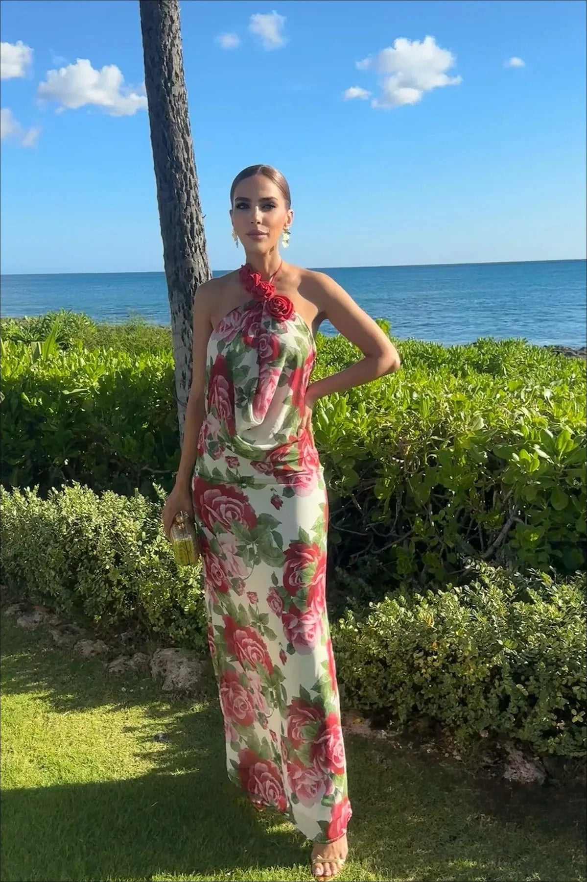 Rose Halter Shoulder Floral Dress