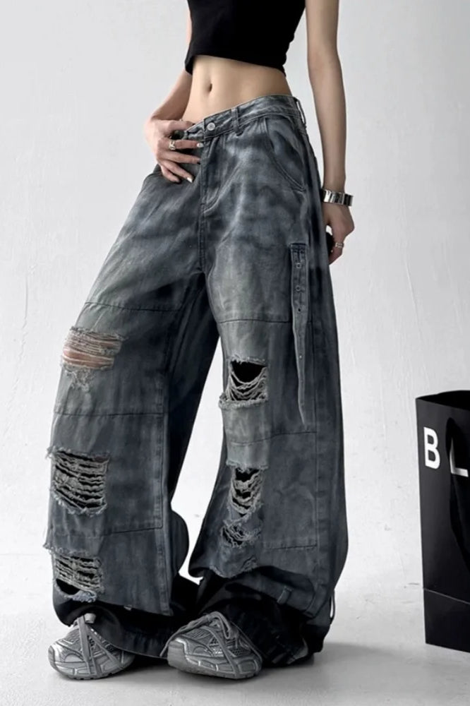 Washed Ripped Wide Leg Jean