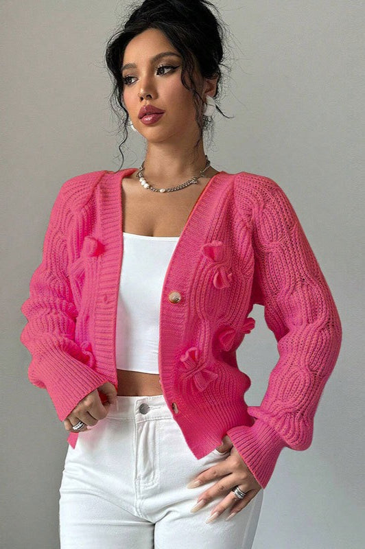 Solid Bow-Tie Long-Sleeve Knit Cardigan