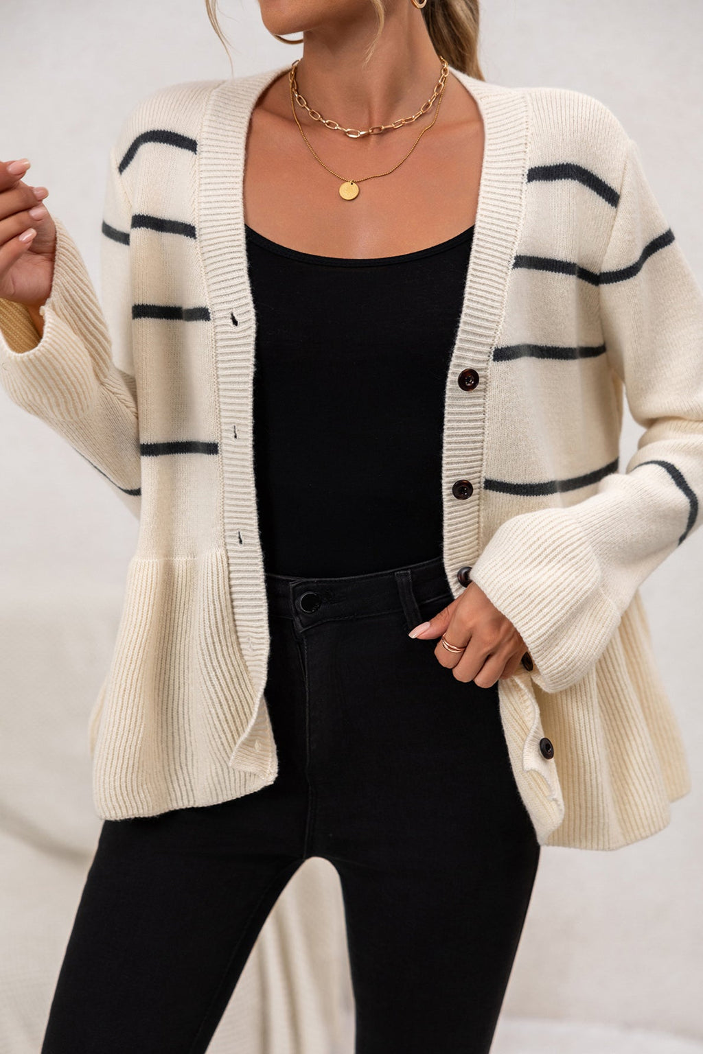 V-Neck Striped Relaxed Knit Cardigan