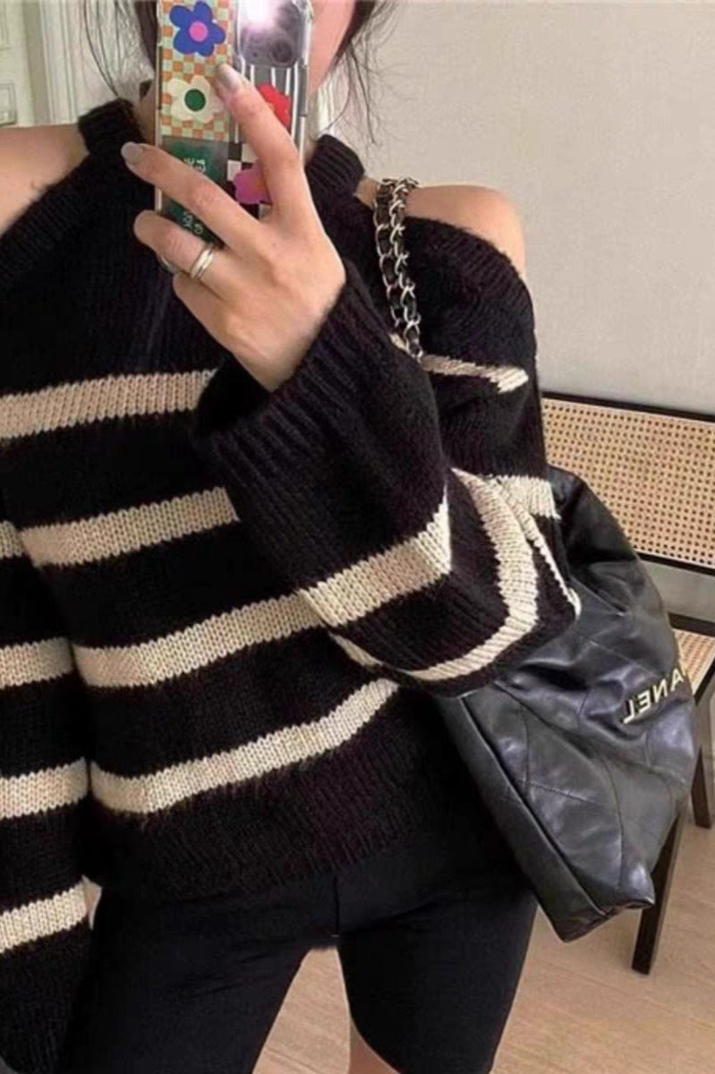 Striped Cutout Shoulder Sweater