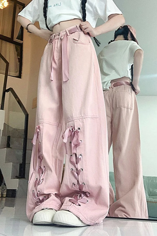 Pink Bow Tie Wide Leg Cargo Jean