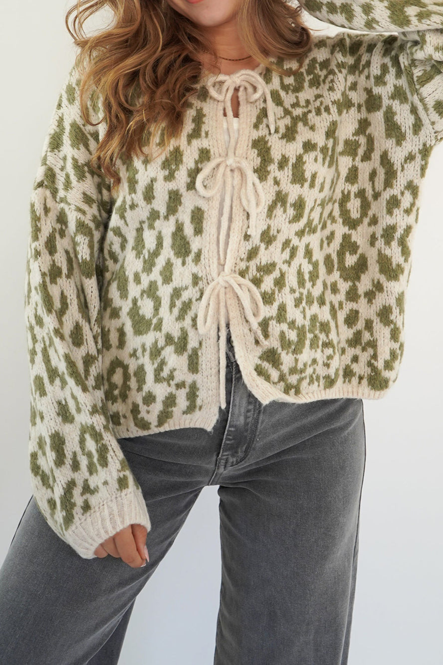 Animal Print Front-Tie Knit Cardigan