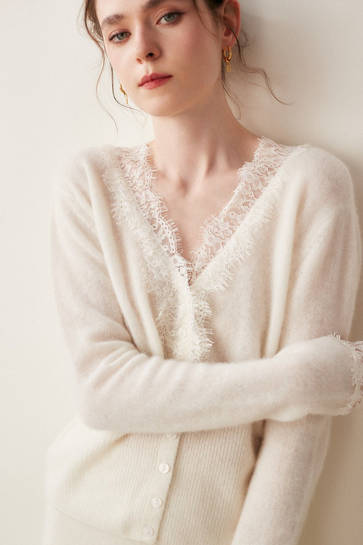 Cashmere Lace-Edge V-Neck Knit Cardigan