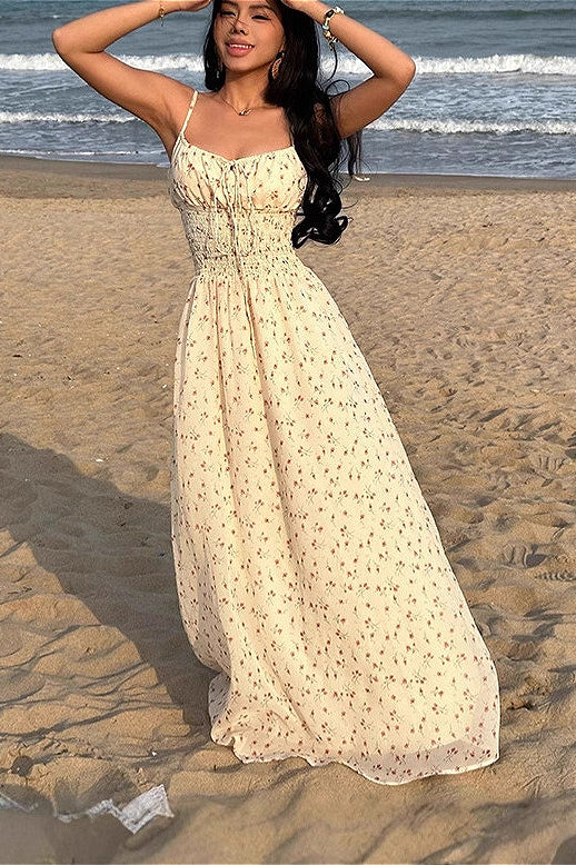Alluring Smocked V Neck A Line Maxi Floral Dress