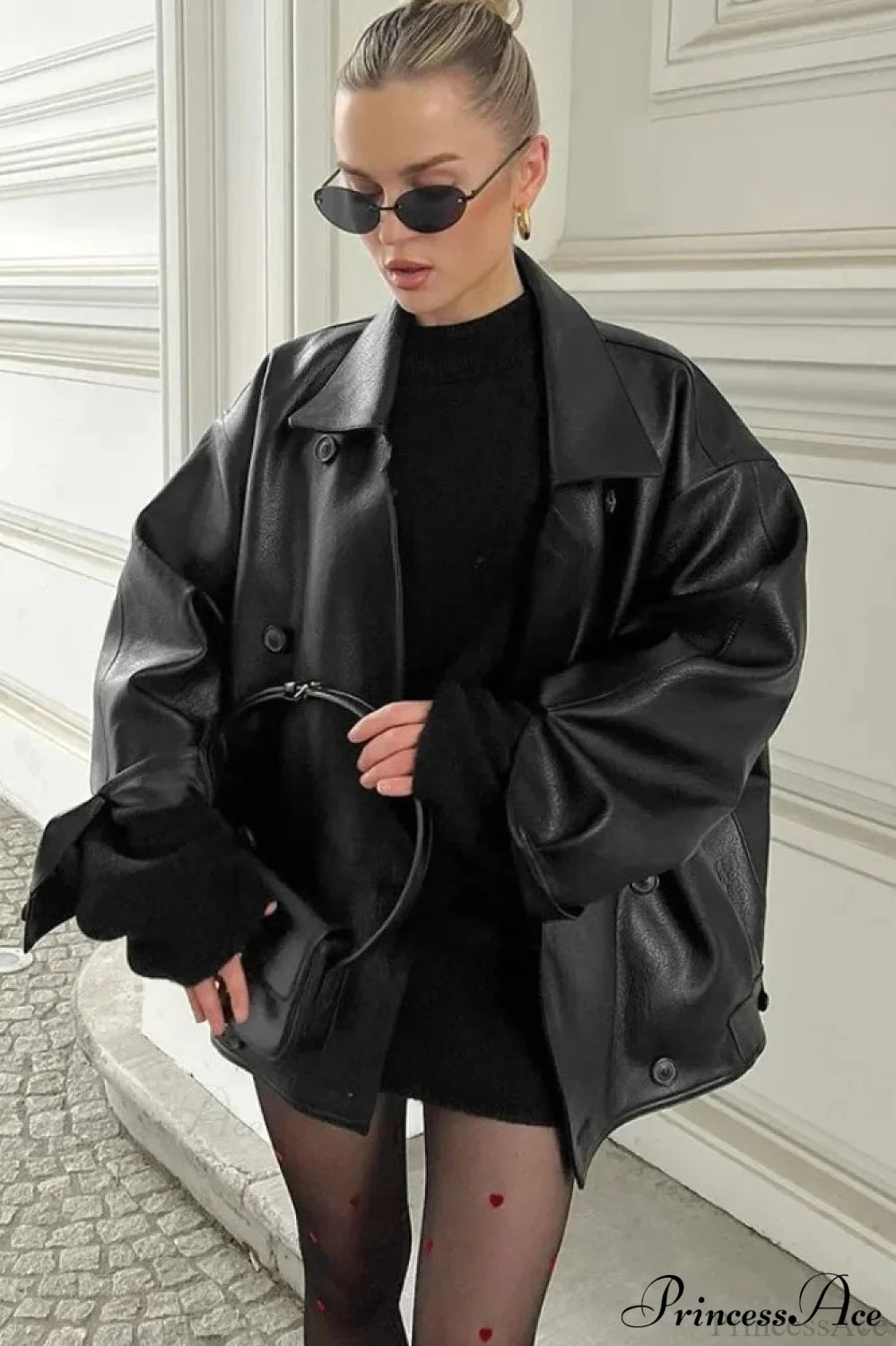 Double Breasted Black Leather Coat