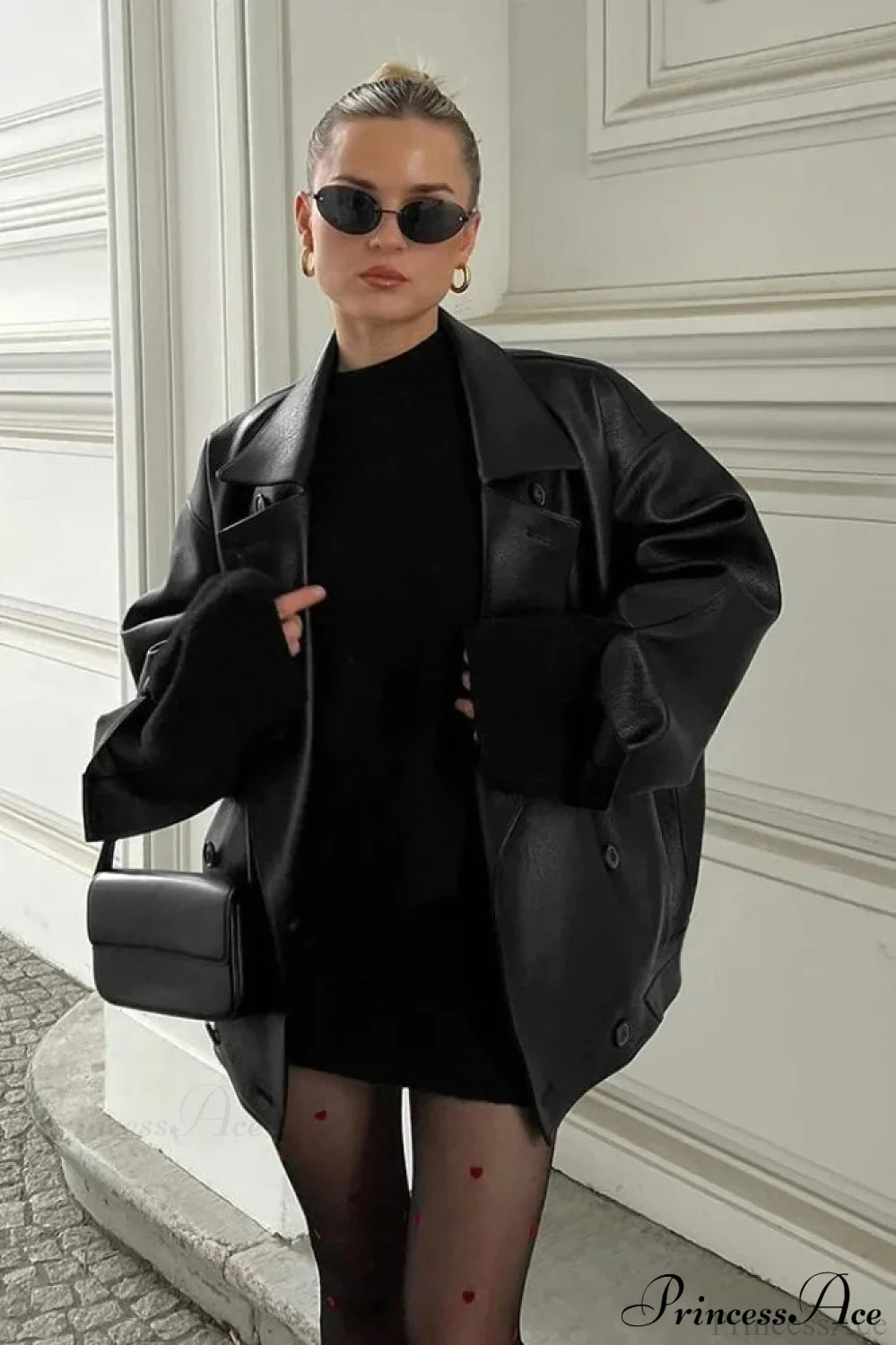 Double Breasted Black Leather Coat