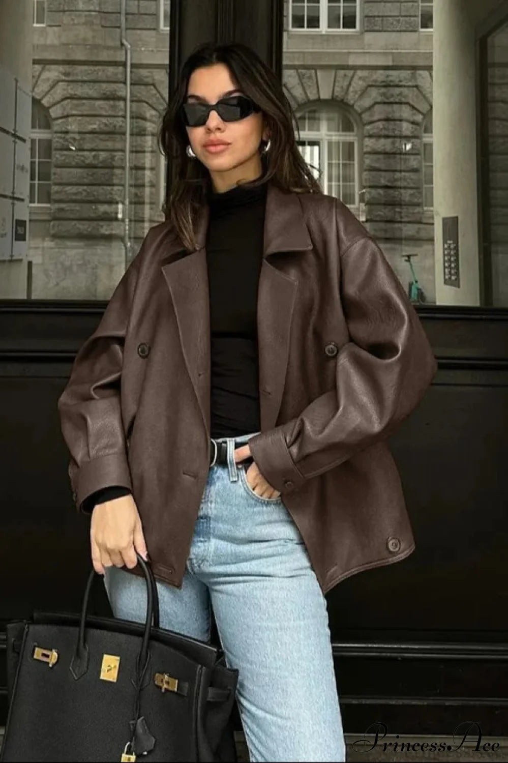 Double Breasted Black Leather Coat