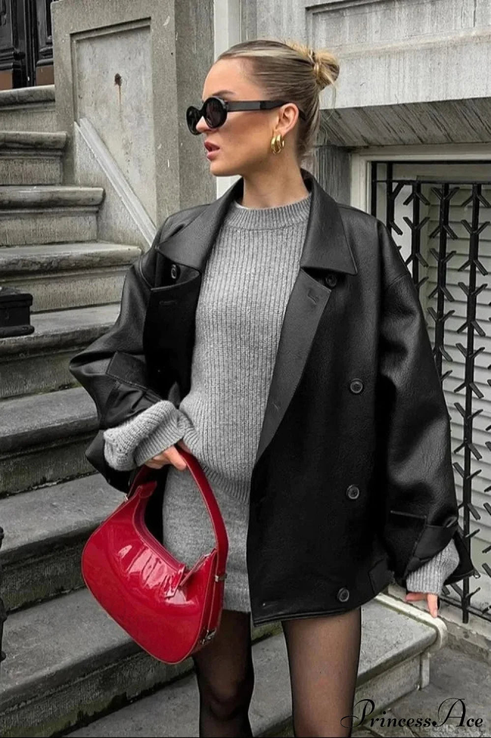 Double Breasted Black Leather Coat
