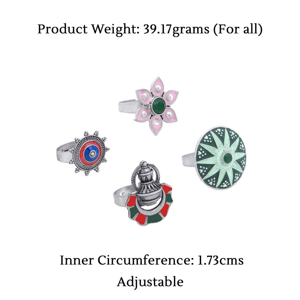 Silver Adjustable Four Piece Oxidised Ring