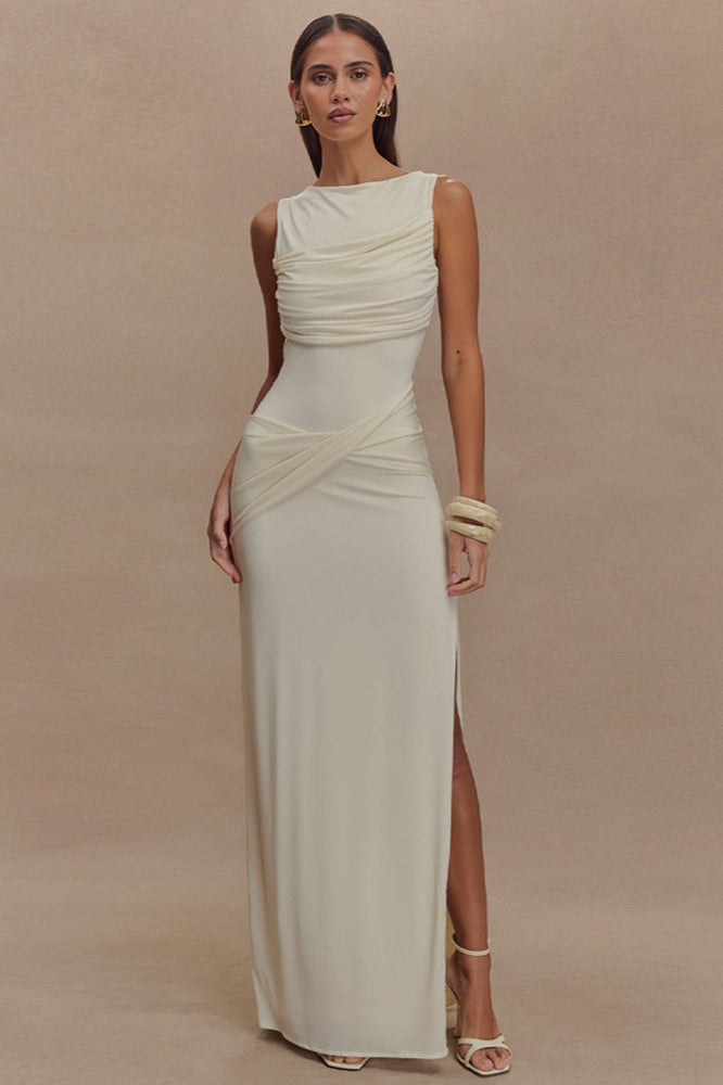 Ruched Split Open Back Maxi Dress