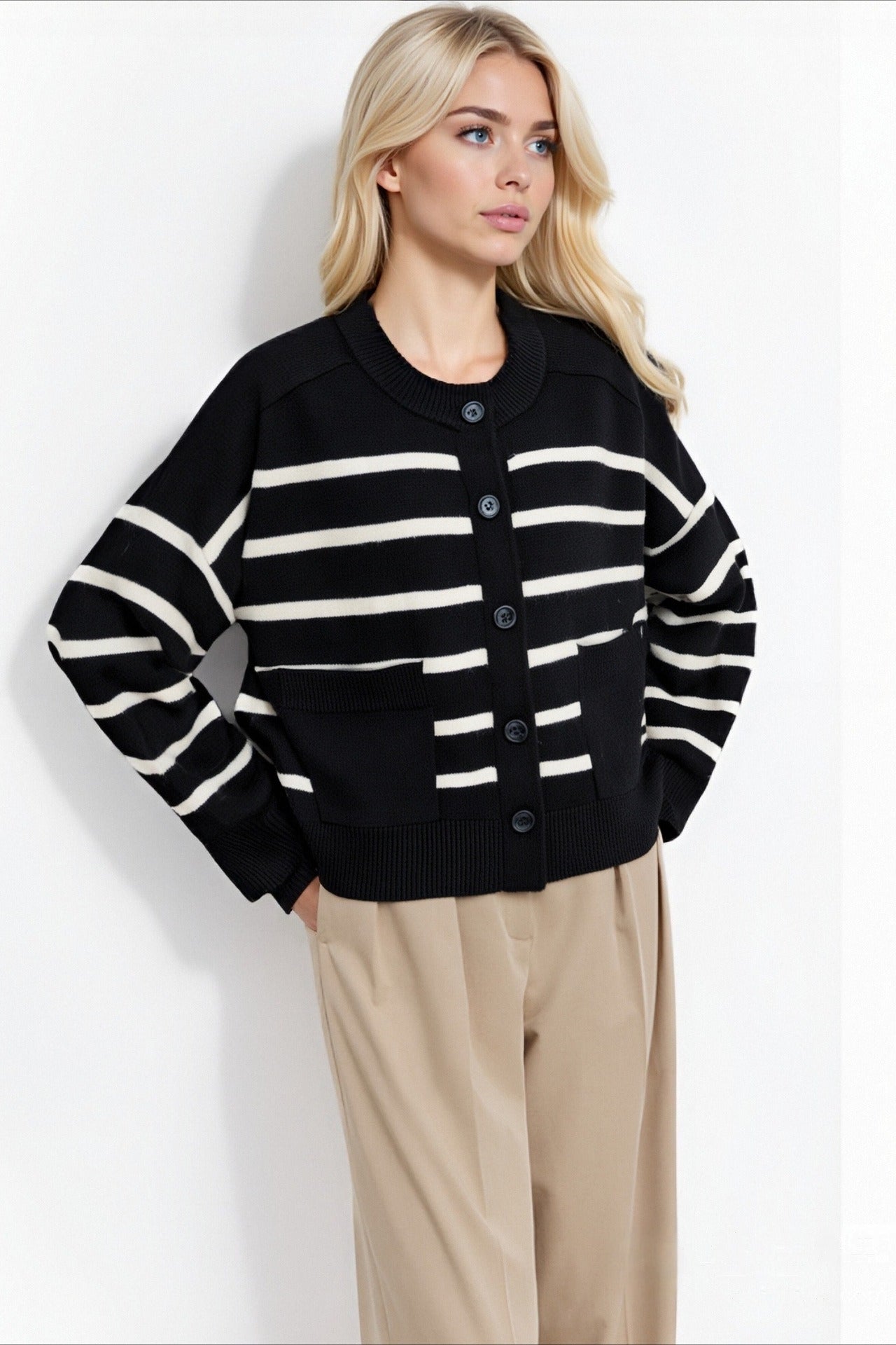 Crew-Neck Striped Pocket Knit Cardigan