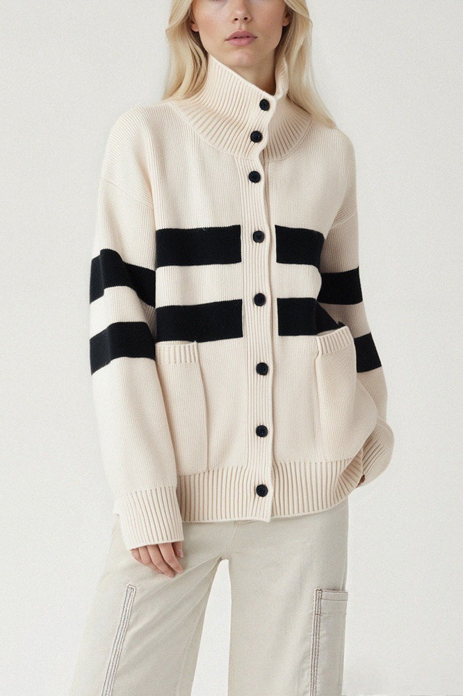 Colorblock Stripe Turtleneck Plus Knit Cardigan