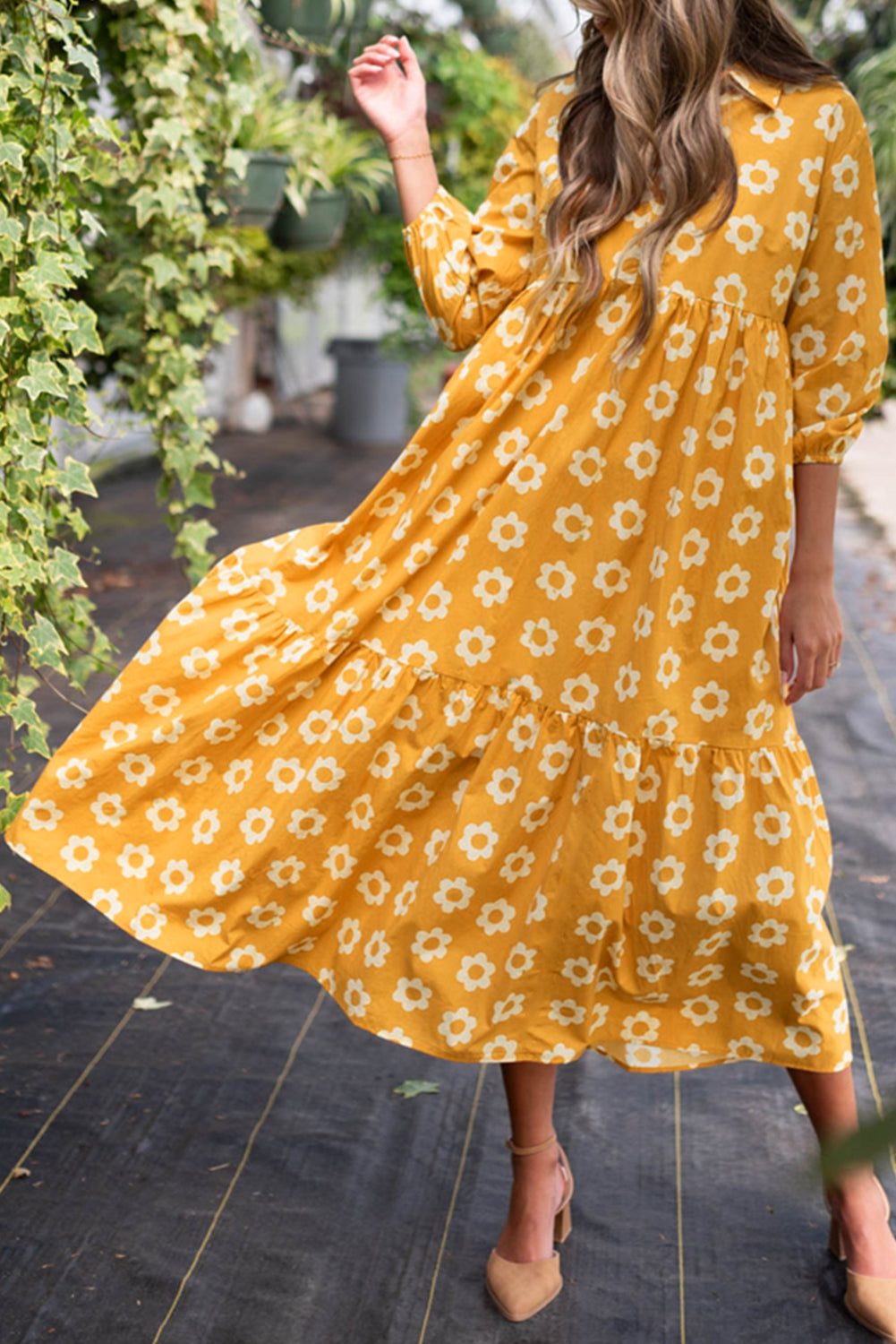 Yellow Flower Print Bracelet Sleeve Collared Maxi Dress
