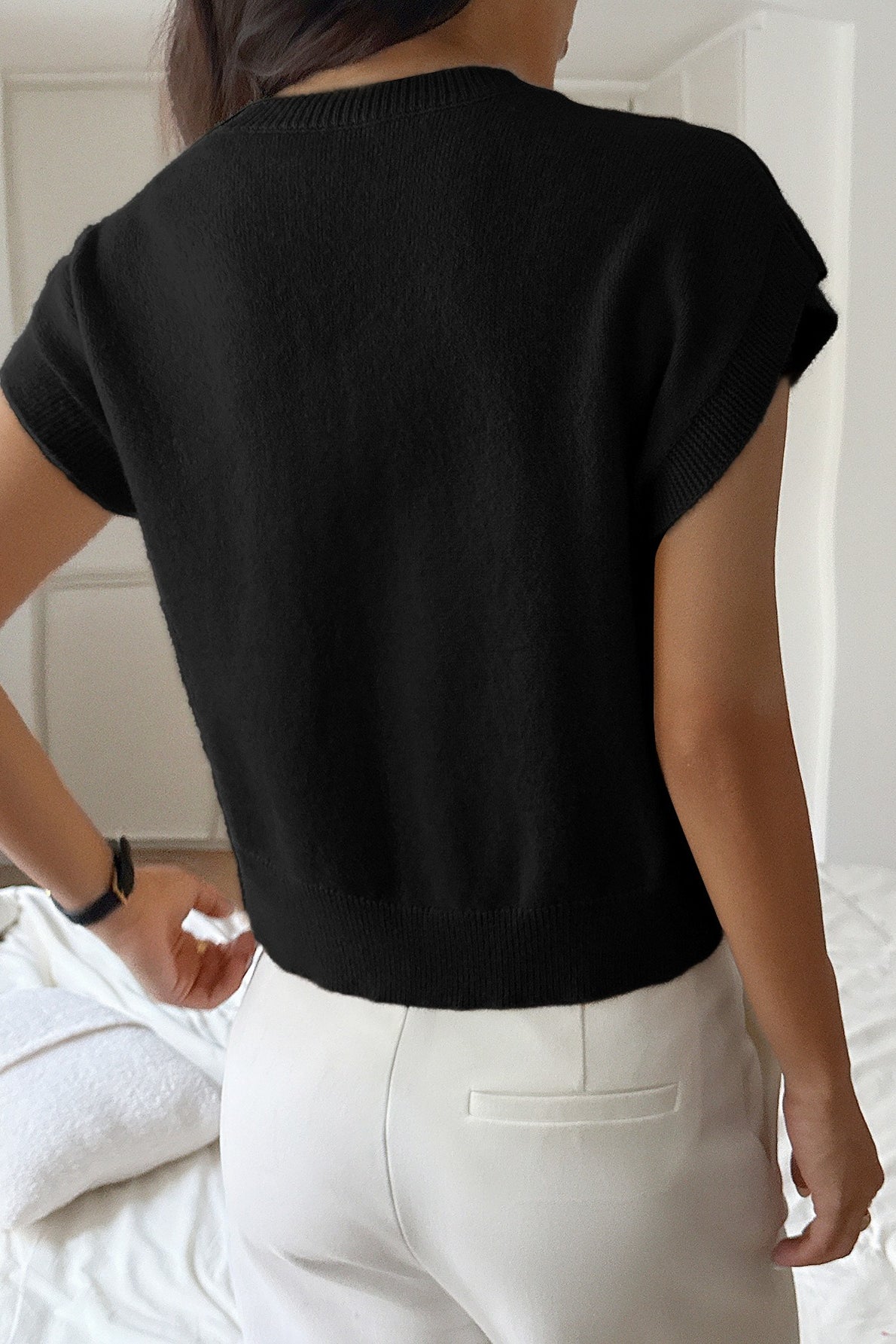 Deep V Short Sleeve Solid Sweater
