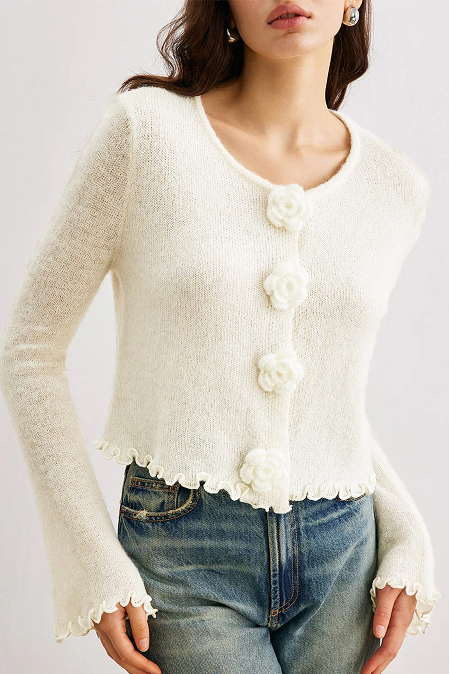 Slim Floral Ruffle Knit Cardigan