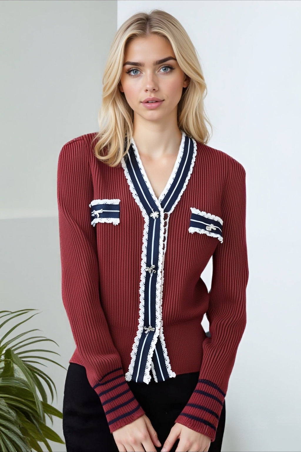 Colorblock Lace V-Neck Knit Cardigan