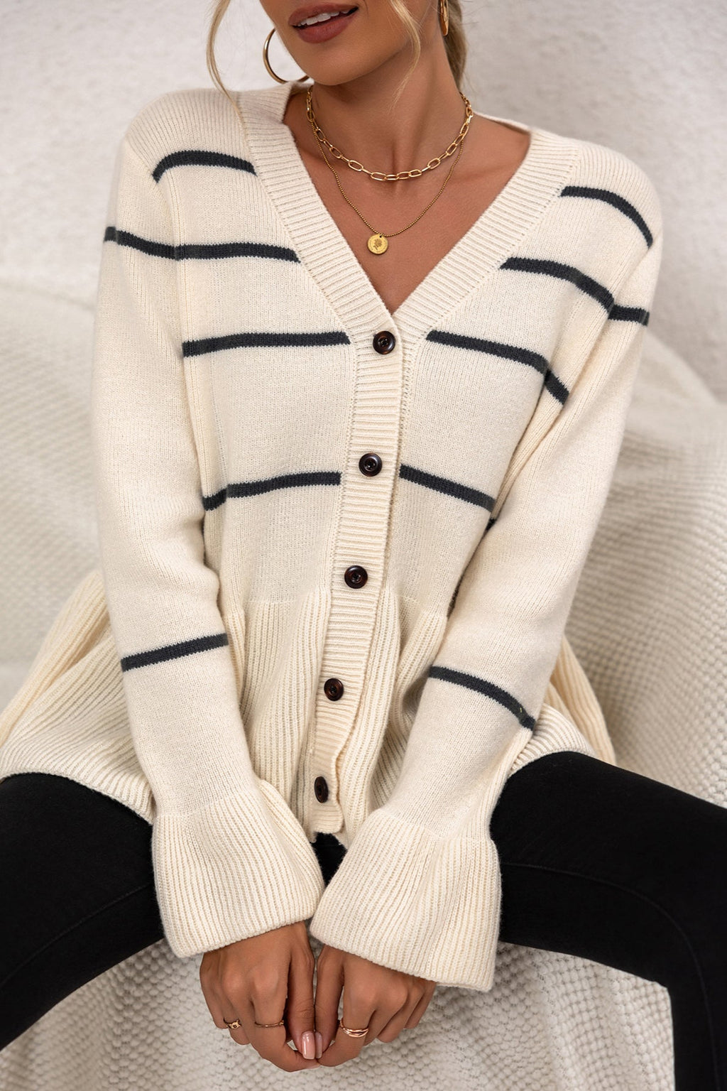 V-Neck Striped Relaxed Knit Cardigan