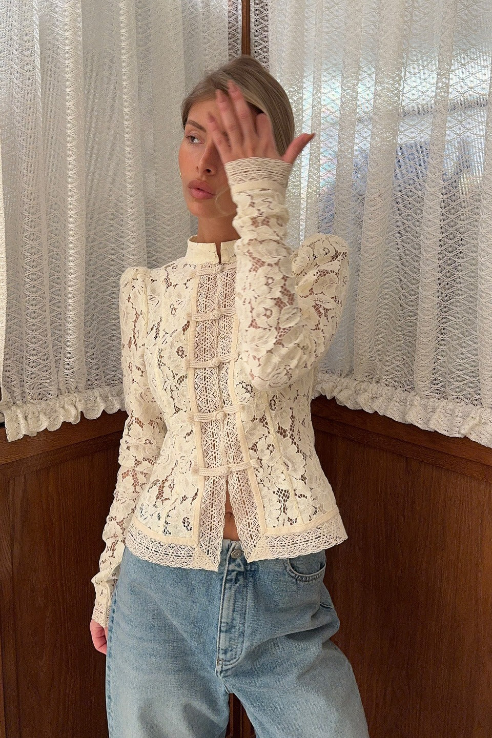 Soft High-Collar Lace Cutout Cardigan