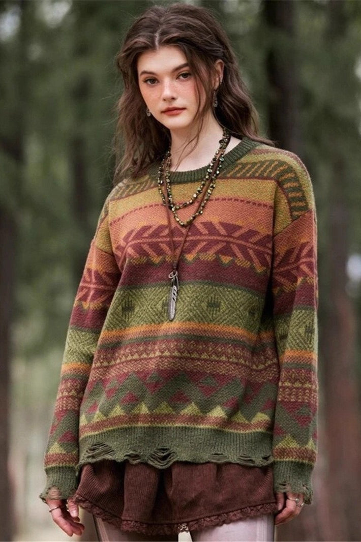 Distressed Geometric Pattern Sweater