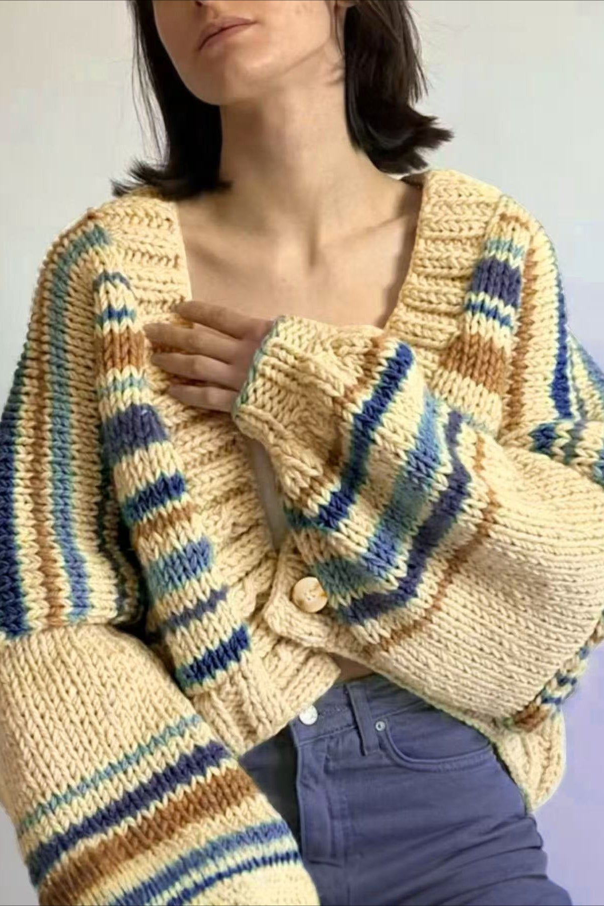 Casual V-Neck Colorblock Knit Cardigan