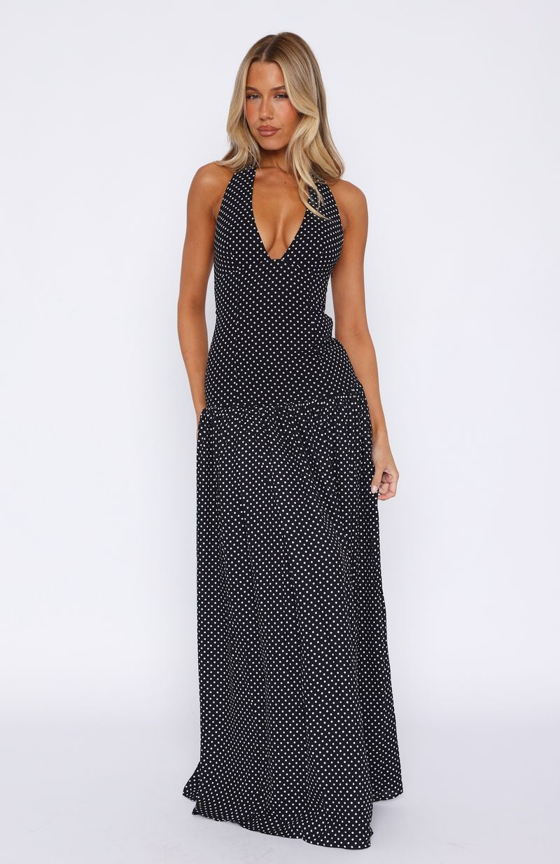 Sweet Temptation Halter Black White Polka Maxi Dress