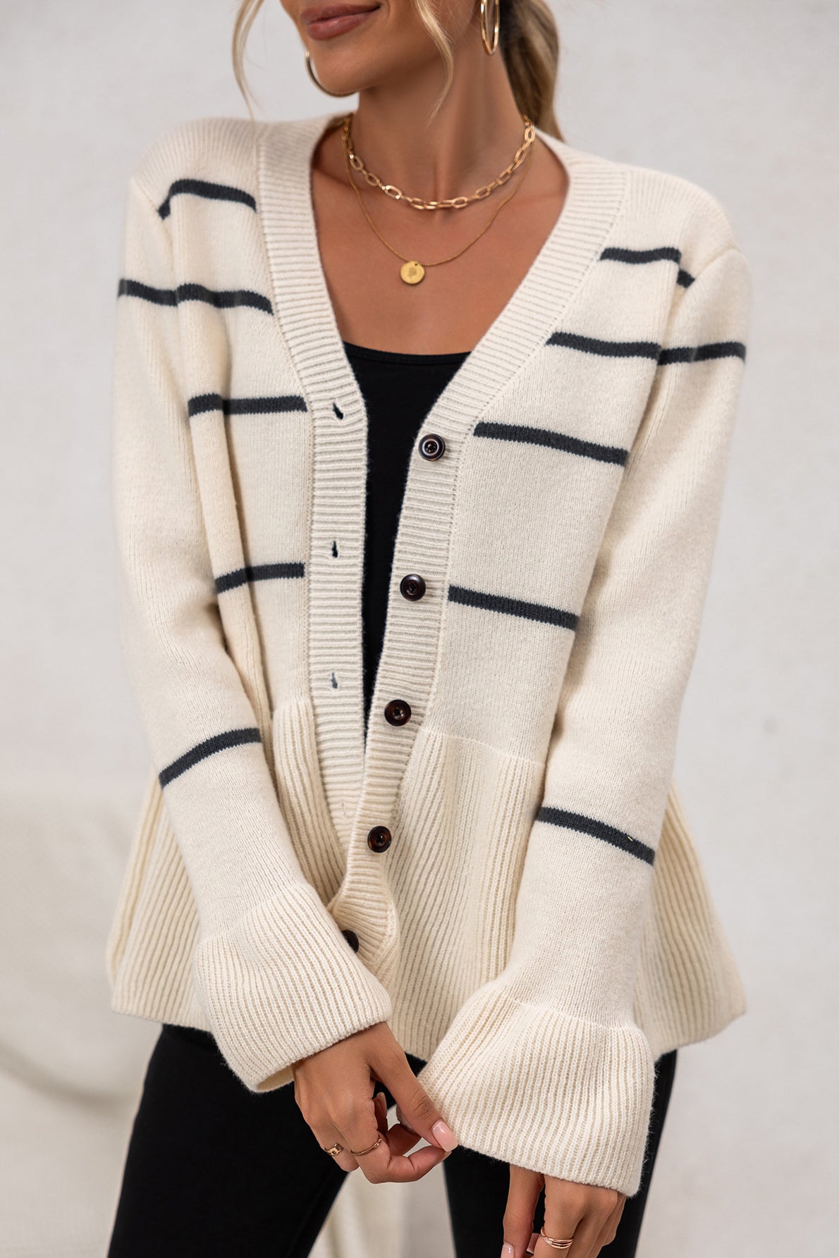 V-Neck Striped Relaxed Knit Cardigan
