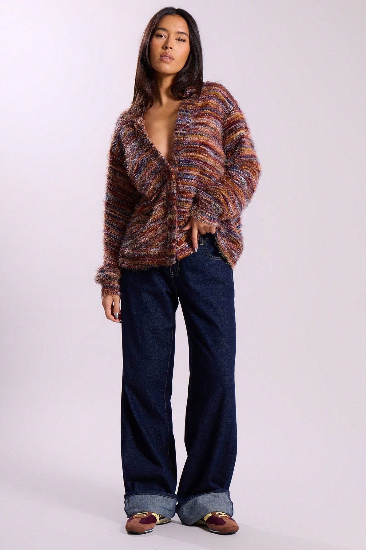 Retro Deep V-Neck Plush Long Knit Cardigan