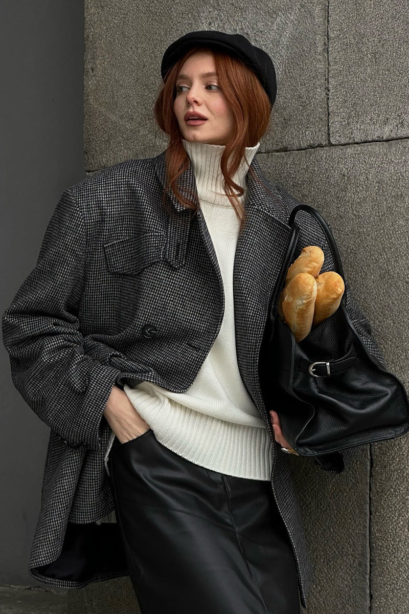 Houndstooth Wool Double Breasted Mid Trench Coat