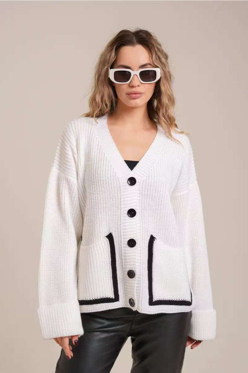 Contrast Pocket V-Neck Knit Cardigan