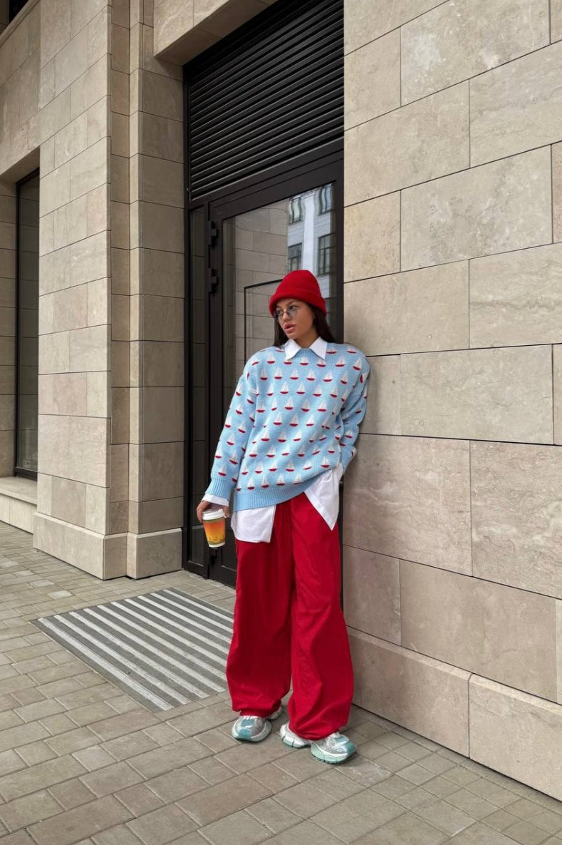 Relaxed Sailboat Pattern Pullover Sweater
