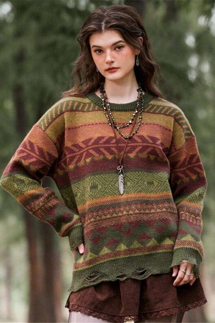 Distressed Geometric Pattern Sweater
