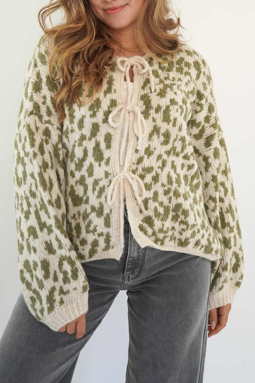 Animal Print Front-Tie Knit Cardigan