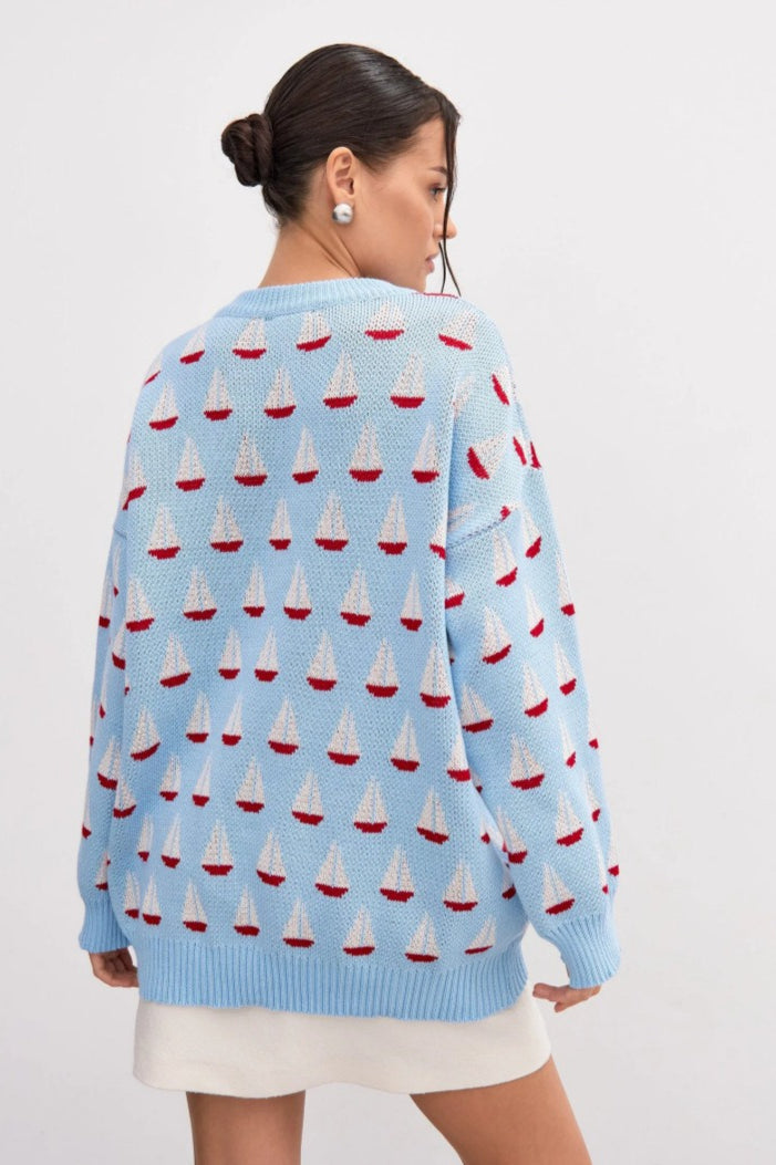 Relaxed Sailboat Pattern Pullover Sweater